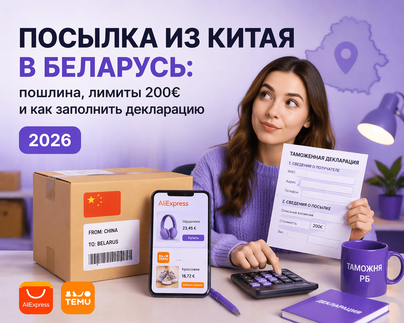 Посылка из Китая в Беларусь: пошлина, лимиты 200€ и как заполнить декларацию в 2026 (AliExpress, Temu)